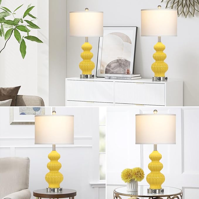 Cinyirong 26" Set of 2 Yellow Ceramic Table Lamps with USB A+C Ports & AC Outlet, 3-Way Dimmable Gourd Bedside Nightstand Lamps with White Shade for Bedroom, Living Room, Office