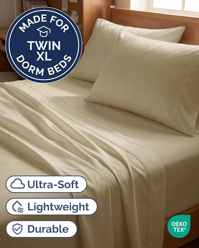 Twin XL 4 Piece Sheet Set - Comfy Breathable & Cooling - Ultra Soft Hotel Luxury Bedding Set w/ 8-16 Inch Deep Pockets - 1 Flat & 1 Fitted Sheet & 2 Pillowcases - Wrinkle Free and Easy Care - Beige