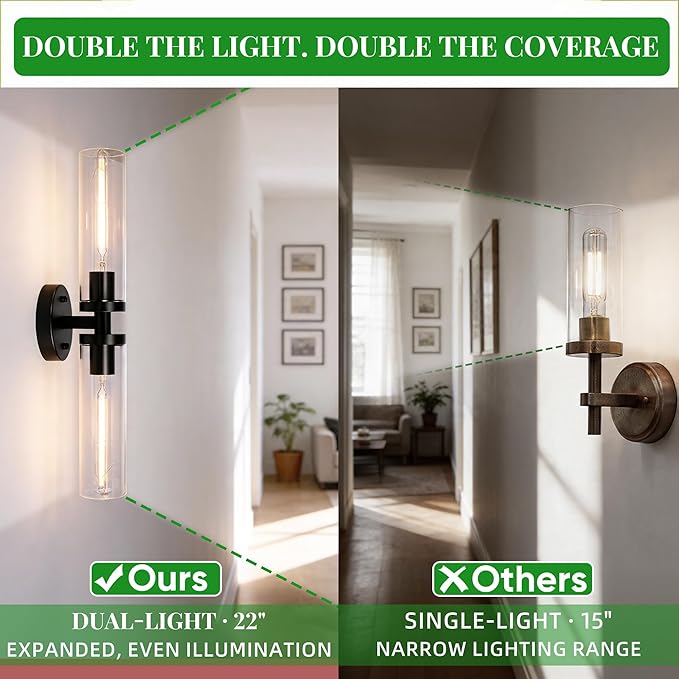 Wall Sconces Set of 2, Hardwired Bathroom Light Fixtures, Modern Bathroom Vanity Wall Lighting with Clear Glass Shade, Farmhouse Wall Sconce for Mirror Bedroom Hallway, Matte Black, E26 Base