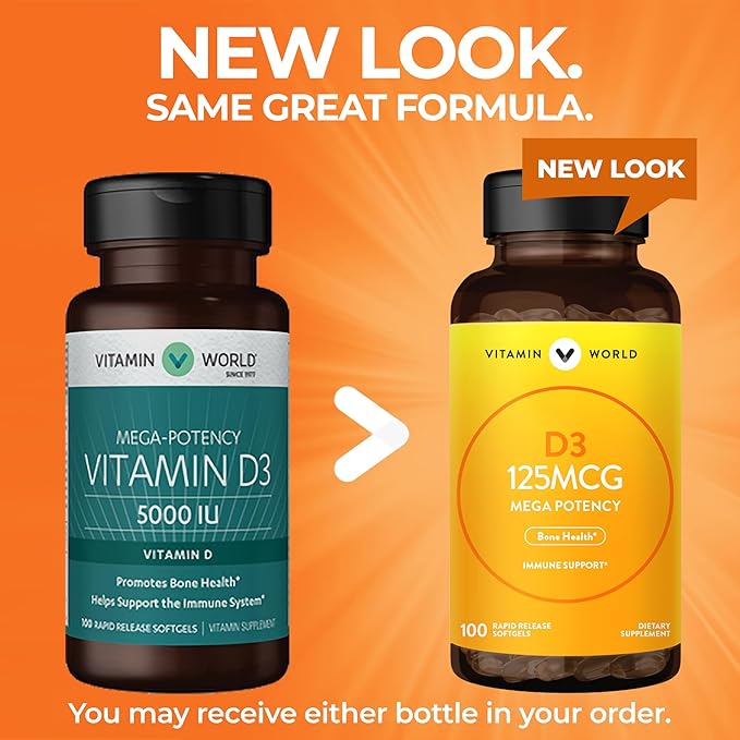 Vitamin World Vitamin D3 5000 IU 100 Softgels, Mega-Potency, Bioavailable, Promotes Bone Health, Helps Support Immune System, Rapid-Release, Gluten Free