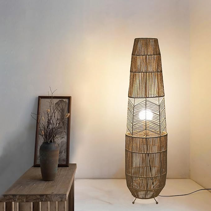MIXL-Rope-Weaving Floor Lamp with Foot Switches,Dimmable Led Boho Floor Lamps,Minimalist Reading Lamp Floor Standing,Bohemian Style Standing Lamps for Bedroom Study and Living Room