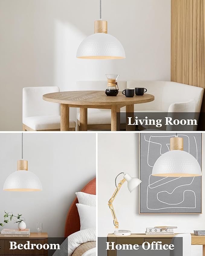 ELYONA 12" Hammered Pendant Light, Metal Dome Hanging Lamp Modern Solid Wood Pendant Light Fixtures for Kitchen Island, Farmhouse, Dining Room, Sink, Bedroom, Hallway, Nordic White