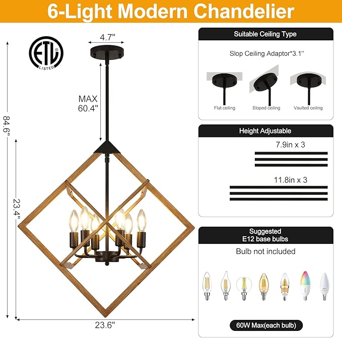 Modern Chandelier for Dining Room (24",6-Light), No Assembly Required Wood Grain Dining Room Light Fixture Over Table, Industrial Hanging Pendant Lights Fixture for Kitchen Island, Entryway, Foyer