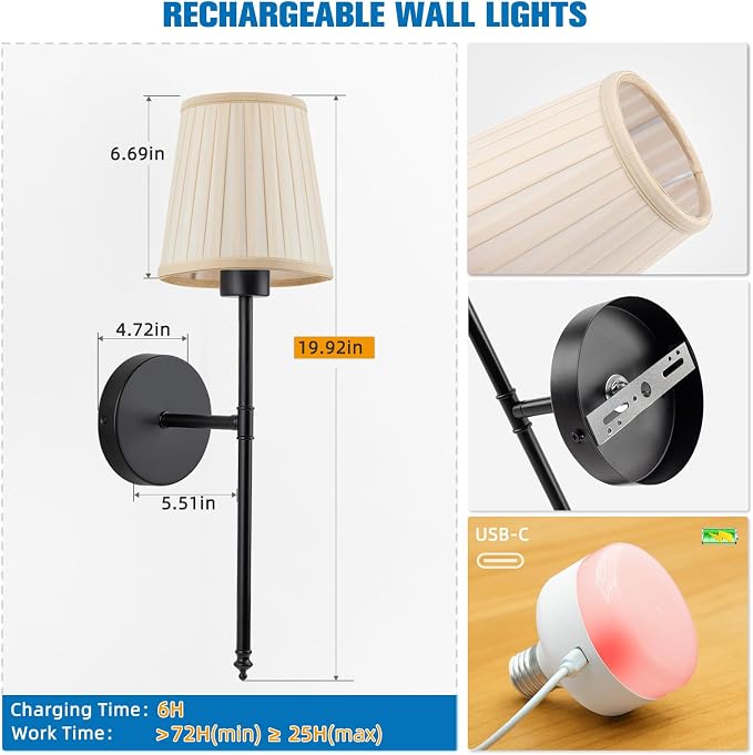NIORSUN 19.9 inch Battery Operated Wall Sconce Set of 2,Beige Black Rechargeable Wall Lights with 5200mAh Dimmable Bulbs and Remote,9 Colors Wireless Wall Lamps for Bedroom Living Room Decor