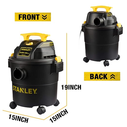 STANLEY Shop Vac SL18115P, 5 Gallon Peak 4 Horsepower Wet Dry Vacuums, Blower 3 in 1 Functions 15 Feet Cleaning Range for Garage, Carpet Clean, Shop Cleaning, Car Detailing with Attachments