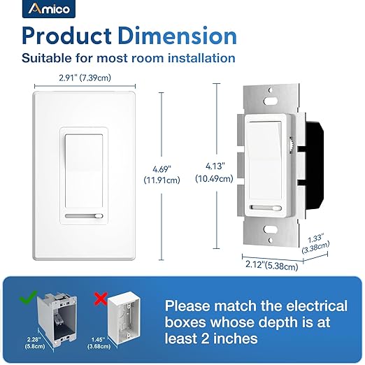 Amico 24 Pack Light Dimmer Switch, No Neutral Wire, Single Pole or 3-Way, for Dimmable LED/CFL (150W) & Halogen/Incandescent (600W), Slide to Dim, White with Wall Plates Included, UL Listed