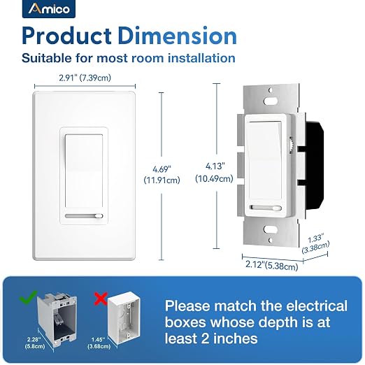 Amico 2 Pack Dimmer Light Switch, Single-Pole or 3-Way Slide Dimmer Switches for Led Lights, Suitable for 150W Dimmable LED/CFL and 600W Incandescent/Halogen, Wall Plate Included, ETL Listed, White