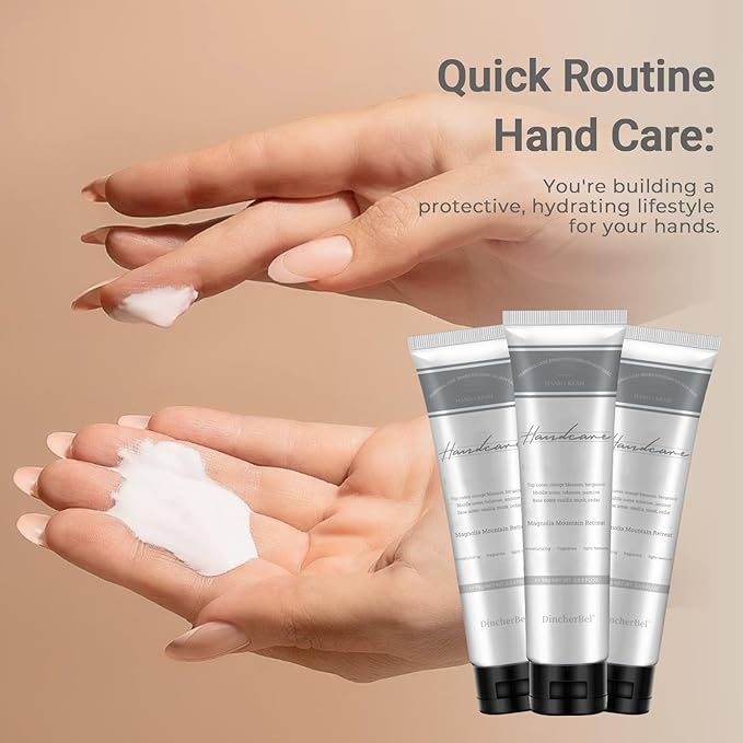 DincherBel Lot de 3 Crèmes Mains Parfumées d'Été – Retraite Montagnarde au Magnolia, Hydrate en Profondeur les Mains Sèches et Gercées, Non Grasse et Absorption Rapide, Coffret Cadeau Portable 3x65g
