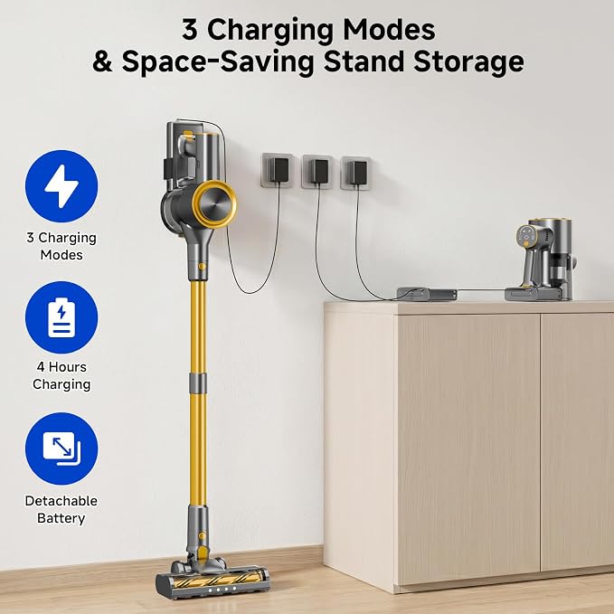 Cordless Stick Vacuum Cleaner - 40KPA Powerful Suction Vacuum with 45 Min Runtime, Detachable Battery, Anti-Tangle & 1.5L Dust Cup, 8 in 1 Vacuum Cleaner for Pet Hair, Carpet, HardFloor, Yellow