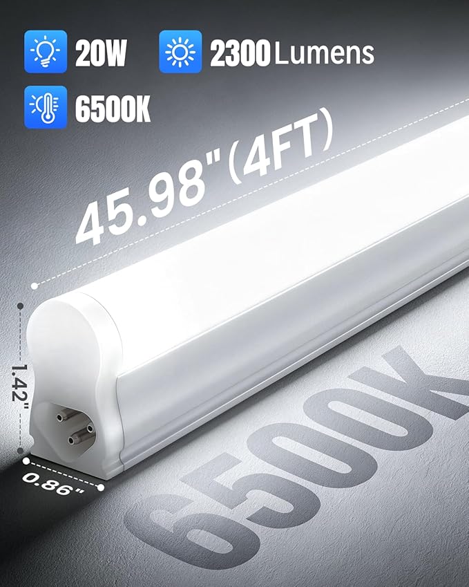 (2 Pack 4FT T5 LED Shop Light,6500K,20W,2300LM(Super Bright White) Linkable LED Integrated Fixture,Garage Ceiling and Cabinet Light,Strip Light,Corded Electric with ON/Off Switch
