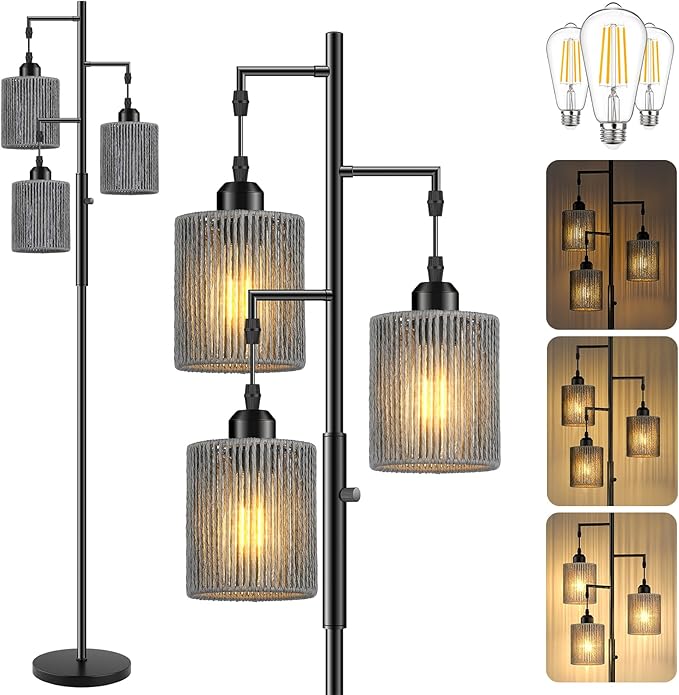 Hotsonic 72" Tall Boho Rattan Style Floor Lamp with Hand-Woven Paper Cord Shade, Dimmable Industrial Tree Standing Lamp for Living Room, Bedroom, Study Room, Office (3 x 800LM Bulbs Included) - Black