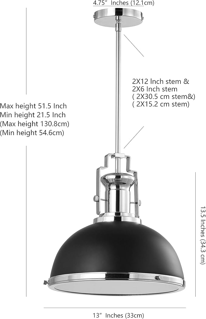 JONATHAN Y 13" Black/Chrome Modern Industrial Iron LED Dome Pendant Light, Adjustable Hanging Fixture for Kitchen Island or Entryway, Black Metal Shade, LED Bulb Included (JYL9536B)