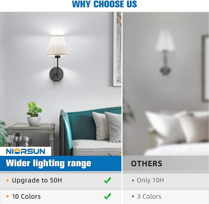NIORSUN 14.5 inch Battery Operated Wall Sconce Set of 2,Beige-Black Rechargeable Wall Lights with 10400mAh Dimmable Bulbs and Remote, 9 Colors Wireless Wall Lamps for Bedroom Living Room