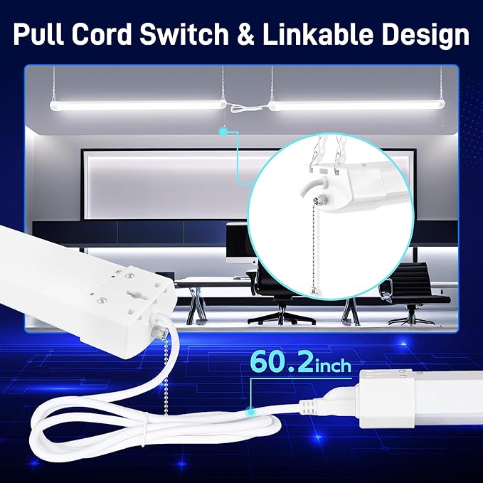 hykolity 4FT 70W LED Shop Light Linkable, 8000lm(300w Equivalent), 5000K Utility Shop Lights for Garages, Workshops, Basements, Hanging or FlushMount, with Power Cord and Pull Chain, ETL, 4 Pack