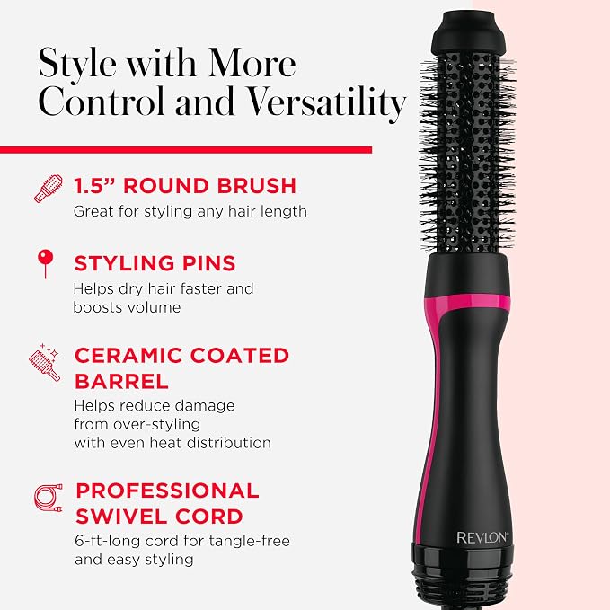 REVLON One-Step Hair Dryer and Styler - Root Booster Round Brush for Styling, Dryer Brush for Fast and Easy Salon-Quality Blowout, More Shine and Less Frizz (1-1/2 in)