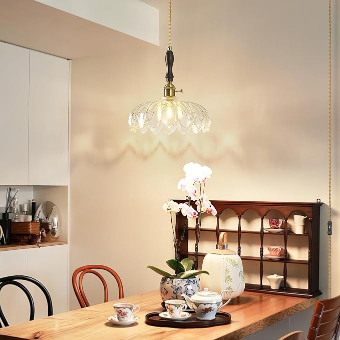 Modern Clear Plug in Glass Pendant Light Retro Flower Glass Hanging Lamp Gold Brass Decorative Adjustable Ceiling Hanging Light Suitable for Kitchen Island Bedroom Dining Room Living Room