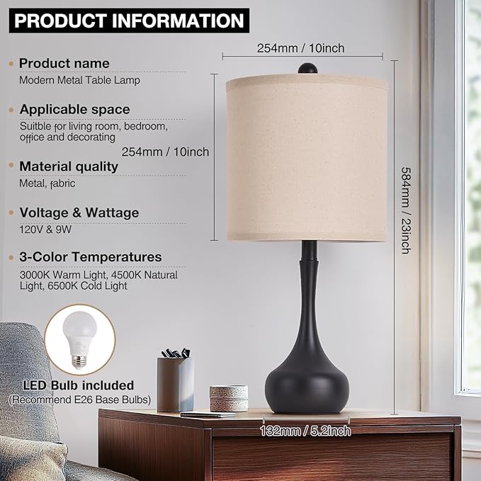 23" Farmhouse Table Lamp Set of 2, Rustic Metal Bedside Lamps for Bedroom, Living Room, Office, Dorm - 3-Way Color Changing, Bulb Included, Home Decor