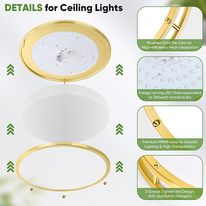 TOBUSA 16in 50W LED Flush Mount Ceiling Lights 5600lm Super Bright, Dimmable LED Light Fixtures 2700K-6500K 5CCT Adjusted, 2-Pack Modern Light Fixture Ceiling for Living Room Bedroom Kitchen, Gold