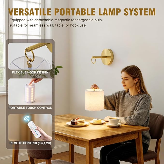 Detachable Wall Sconces Battery Operated With Hanging Hook,10000mah Battery Operated Wireless Wall Sconces Set of Two,12 RGB Gold Sconce With Remote,Renter Friendly Wall Lamps for Living Room,Bedroom
