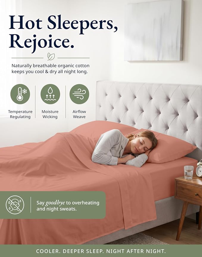 LANE LINEN 100% Organic Cotton Fitted Sheet Full Size Set (No Flat Sheet) - Soft & Breathable Percale Weave Fitted Sheet Set - 15'' Deep Pocket for Snug Fit - GOTS Certified - Rose Dawn