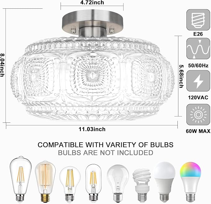 Semi Flush Mount Ceiling Light, Upgraded Larger Brushed Nickel Glass Ceiling Light Fixture, Vintage Lighting for Hallway Kitchen Bedroom Dining Room, Bulb Not Included