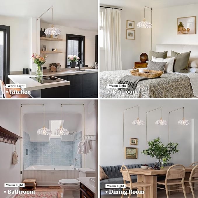 Shenmoyl Plug in Pendant Light Hanging Light Fixtures with Plugin Cord On/Off Switch,Clear Scindapsus Glass Lampshade Brass Pendant Light