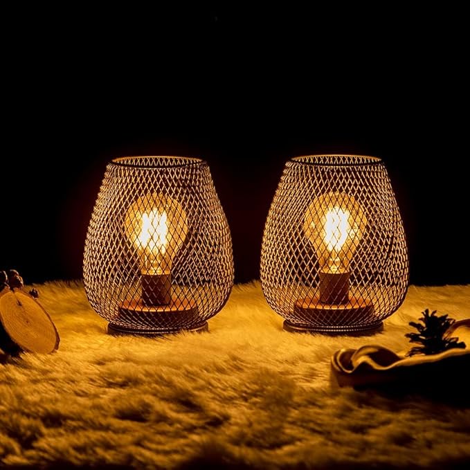 Set of 2 Battery Operated Lamp LED Table Lantern, Brown Metal Cage Cordless Lamps with LED Bulb，Vintage Decorative Outdoor Lantern for Weddings, Parties, Patio, Events for Indoors Shelf Decor
