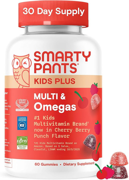 Gummies multivitaminées SmartyPants Kids – Formule améliorée : Oméga 3 (DHA/EPA), Vitamines D3, C, B12, B6, Vitamine A, K et Zinc, Sans gluten, Saveurs cerise et fruits des bois, 60 gommes (approvisionnement de 30 jours)