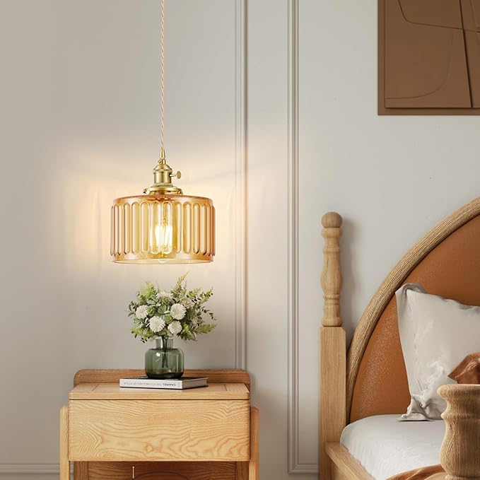 WimiSom 2 Pack Industrial Pendant Lighting, Modern Glass Shade Farmhouse Adjustable Hanging Light Fixtures for Kitchen Island Living Room Bedroom Hallway, Brown