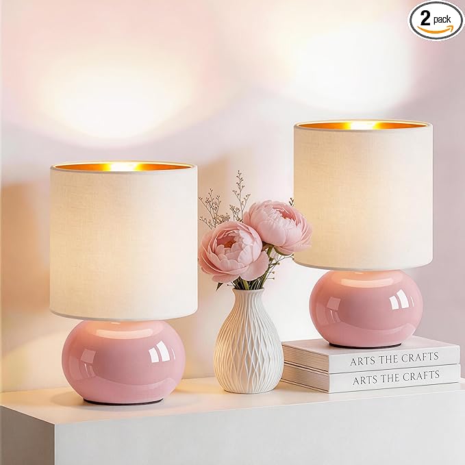 Hamucd Ceramic Table Lamps Set of 2, Modern Classic Bedside Lamps for Nightstand, Small Table Lamp for Bedroom Living Room Desk End Table (Pink)
