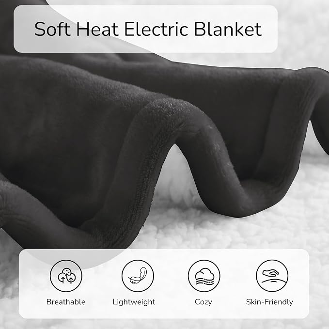 Electric Heated Blanket Queen Size 84"x90" – ETL Certified for Safe Overnight, 4 Heat Settings & 10H Auto Off, Dual-Sided Microplush Sherpa for Home Theater Night, Machine washable – Iron Gray