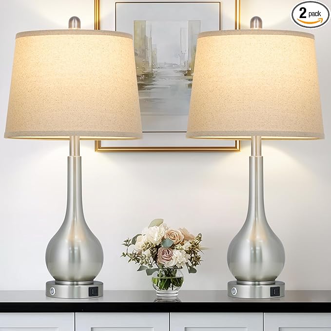 Rinweey 26" Silver Table Lamps Set of 2 for Living Room, Touch Control Bedside Lamp with USB Charging Ports, 3-Way Dimmable Brushed Nickel Bedroom Lamps for Nightstand (2 LED Bulbs Included)