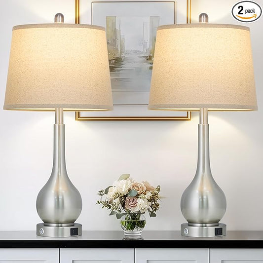 Rinweey 26" Silver Table Lamps Set of 2 for Living Room, Touch Control Bedside Lamp with USB Charging Ports, 3-Way Dimmable Brushed Nickel Bedroom Lamps for Nightstand (2 LED Bulbs Included)