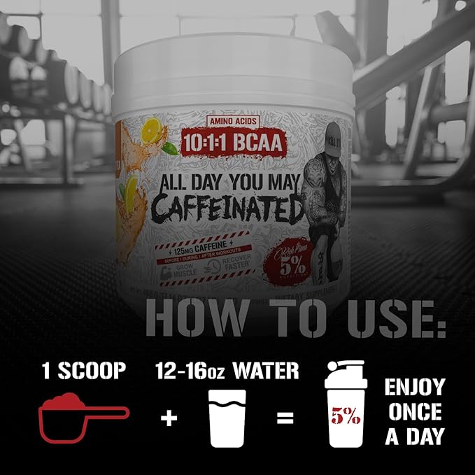 5% Nutrition Rich Piana AllDayYouMay Caffeinated BCAA Energy Powder | Premium Pre Workout Amino Energy & Electrolytes | Hydration, Endurance & Recovery | 16.3 oz, 30 Servings (Southern Sweet Tea)