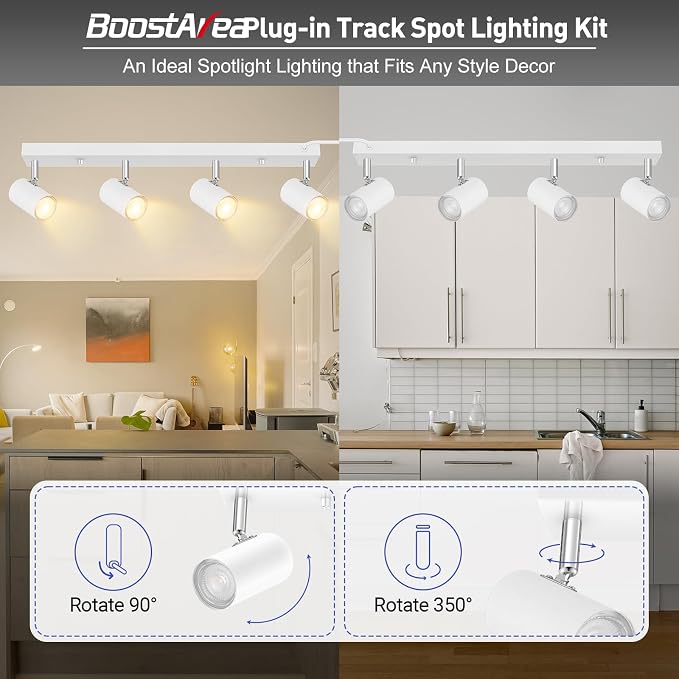 BoostArea LED Track Lighting Ceiling Fixtures, White 4-Light Plug in Track Lights for Kitchen, 23" Ceiling Spotlight, 15 FT Cord,Flexibly Rotatable Wall Mount Light Head for Bedroom Hallway