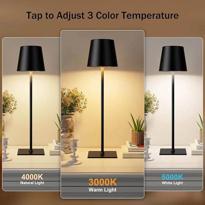 Kakanuo Black Cordless Rechargeable Table Lamp, 4 Pack Portable Desk Lamp with 5000mAh Battery, Touch Control Stepless Dimming, Wireless Night Light for Dining, Outdoor Camping, Coffee Shop
