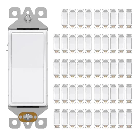 AIDA Single Pole Rocker Decorator Light Switch, 15 Amp Self-grounding Electrical Light Switches, Residential Grade, UL Listed (50, Glossy White, Without Wall Plate)
