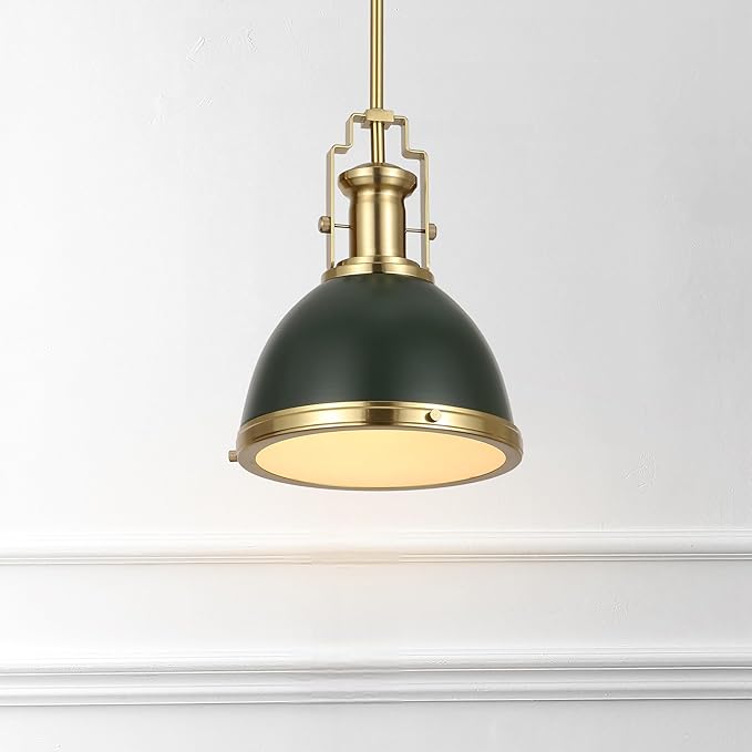 JONATHAN Y 10" Brass Gold Kombu Green 1-Light Metal Dome Pendant Modern Industrial Hanging Light for Kitchen Island Dining Room Adjustable Height LED Bulb Included JYL9535H