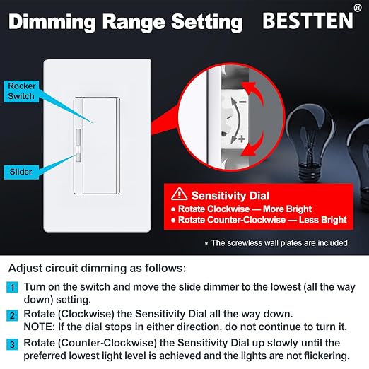 BESTTEN 3 Pack Super Slim Slide Dimmer Light Switch, Quiet Rocker, Max 300W LED, CFL, 600W Incandescent, Single Pole or 3 Way Dimmable Switch with Screwless Wallplate, ETL Listed, White