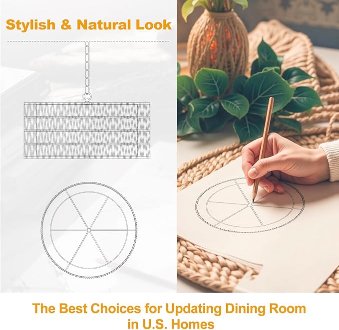 9"-52" Height Adjustable Farmhouse Chandelier Light Fixture, 5-Light Rattan Boho Chandeliers for Dining Room, Hand Woven Pendant Light with Linen Shade, Rustic Hanging Lighting for Kitchen Island