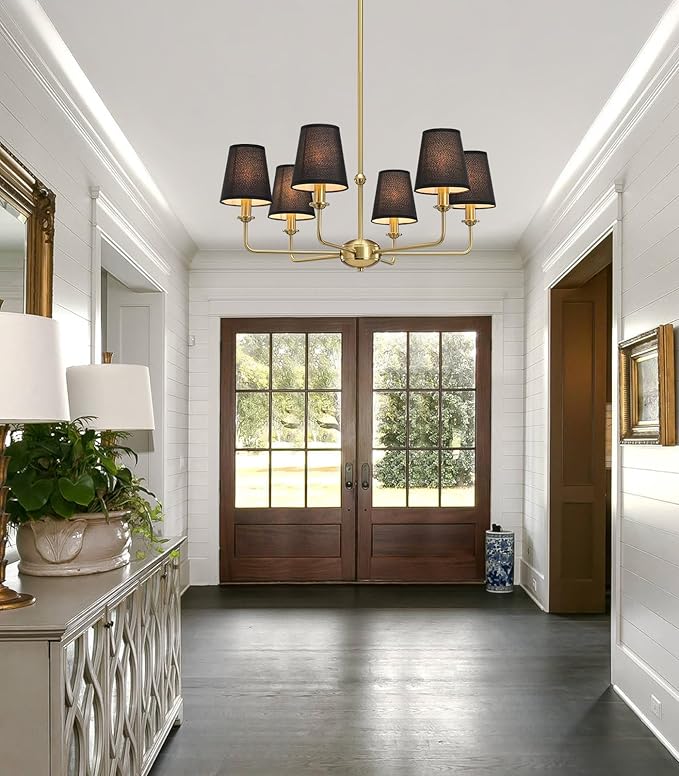 6-Light Brushed Gold Chandelier with Black Fabric Shades, Modern Brushed Brass Chandelier Light Fixture, E12 Base Hanging Pendant Light for Dining Room Living Room Bedroom Kitchen Island Foyer