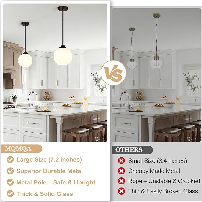 2 Pack 22"-50" Height Adjustable Glass Pendant Lights Kitchen Island, Globe Matte Black Pendant Lights with Milk Glass Shade, Mid Century Pendant Light Fixtures Kitchen Pendant Lighting over Island