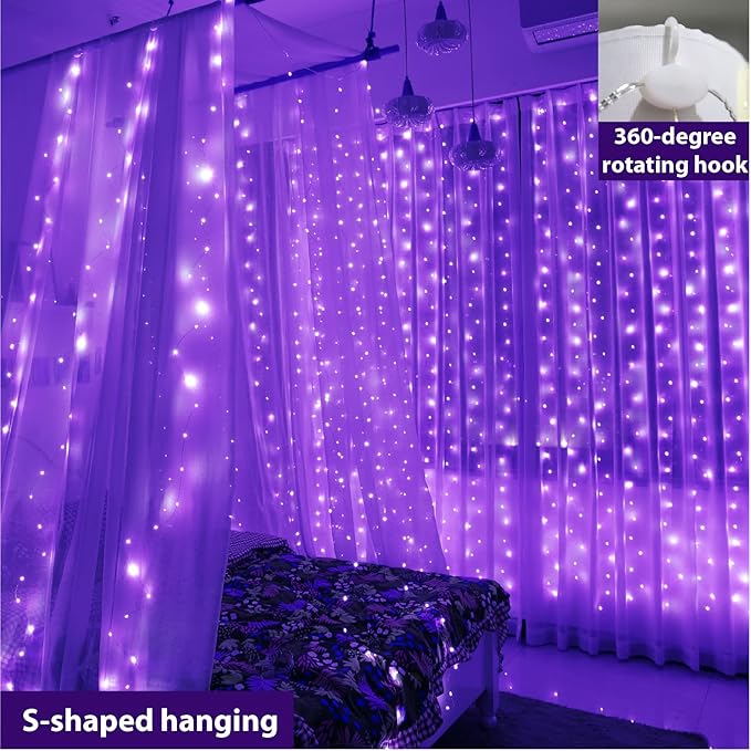 ZSJWL Curtain Lights, 300 LED Curtain Fairy Lights with Remote, 8 Modes 9.8 × 9.8 Ft Twinkle String Lights, Waterproof, USB Plug in, Copper Wire Lights for Bedroom Window Chrismas Party, Purple