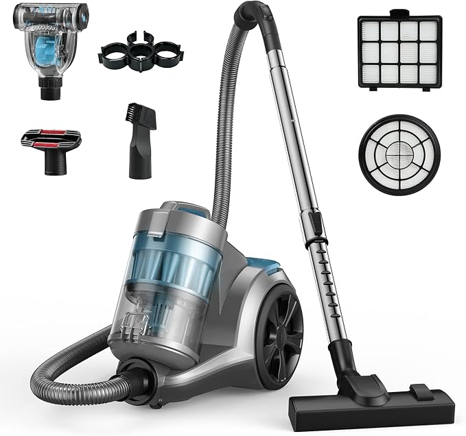 Aspiron 1700W Canister Vacuum Cleaner, 45Kpa Bagless Vacuum Cleaner, Multi-Cyclonic Filtration, 2 Anti-Allergen HEPA Filters, 3.5QT Dust Cup, 4 Tools, No Hair Tangles for Hard Floor, Pet Hair, Aqua