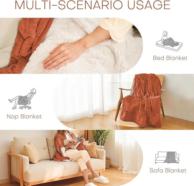Electric Heated Blanket 62"x84" Twin Size, Dual-Sided Flannel & Sherpa, 9 Heat Settings & 1-10H Auto Off, Soft Warm for Home Office Bed Couch, Machine Washable, ETL Certified, Caramel