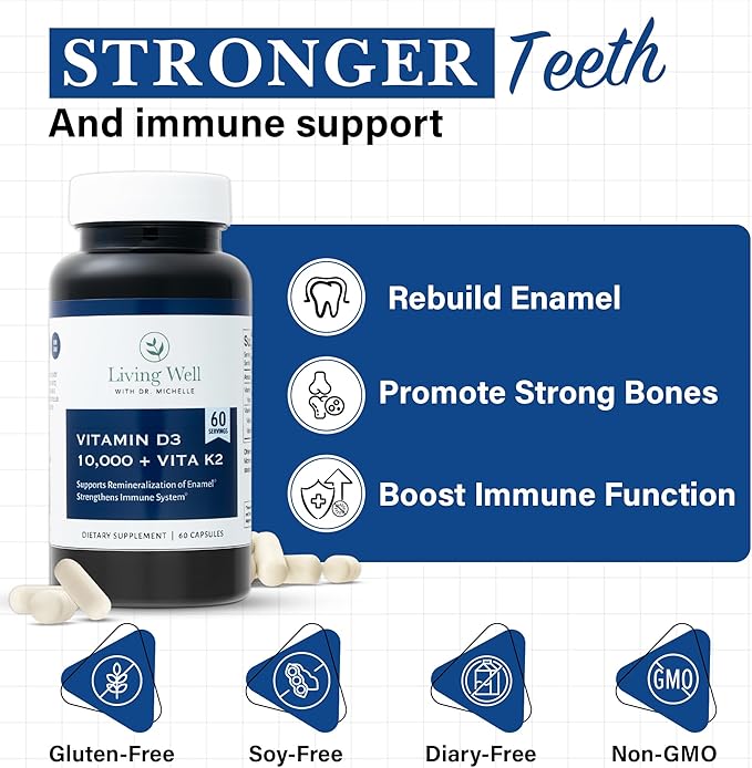 Vivre mieux avec la vitamine D3 10 000 UI et K2 du Dr Michelle – Soutien immunitaire, pour les dents et la santé osseuse, sans OGM, sans gluten et sans produits laitiers, approvisionnement de 60 jours, 60 capsules