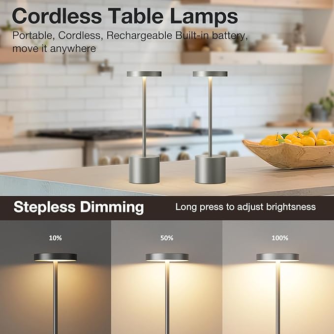 Kakanuo Grey Rechargeable Cordless Lamp - Touch Control, 3 Color Temperature, Wireless Battery Operated Lamps, Stepless Dimmable, Set of 2