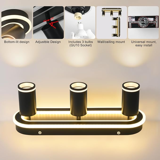 LED 3 Light Track Lighting Spotlight Kit, Black Ceiling Spotlights, Modern Track Light Fixture with Flexibly Rotatable Light Heads, 35W+15W Dual Lighting for Kitchen Living Room,Includes 3 x GU10 Bulb
