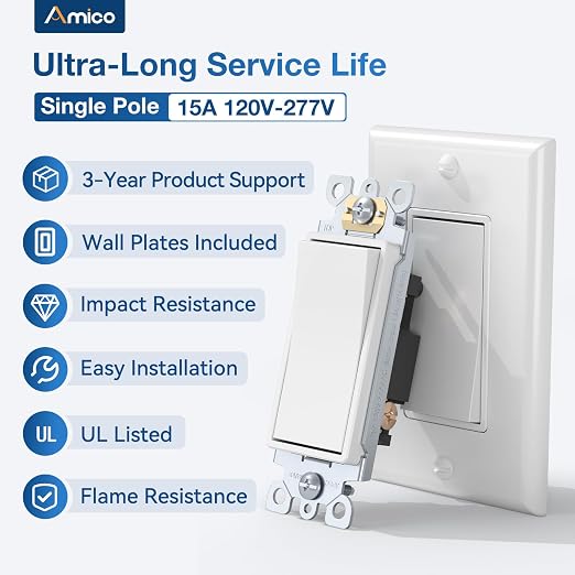 Amico Single Pole Light Switch with Wall Plate, UL Listed, 15A 120/277V, On/Off Rocker Paddle Interrupter Wall Switch, Grounding Screw, Residential Grade, Suitable for Home and Business, White