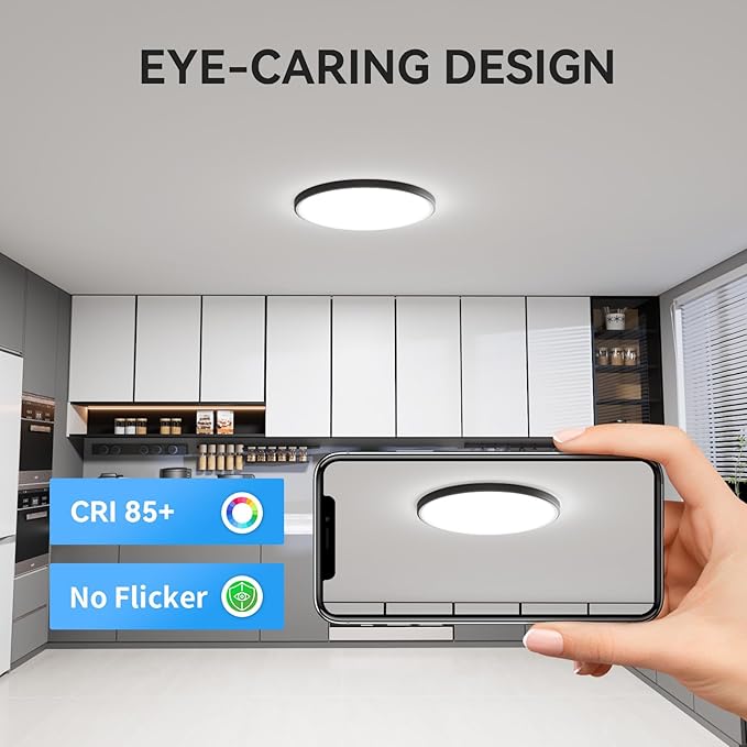 WKONCLDY 3200lm LED Flush Mount Ceiling Light, Super Slim 12 inch LED Ceiling Light, 5000K LED Ceiling Light for Bedroom, Living Room, Dining Room, Garage, Office, Warehouse (Black, Four Pack)